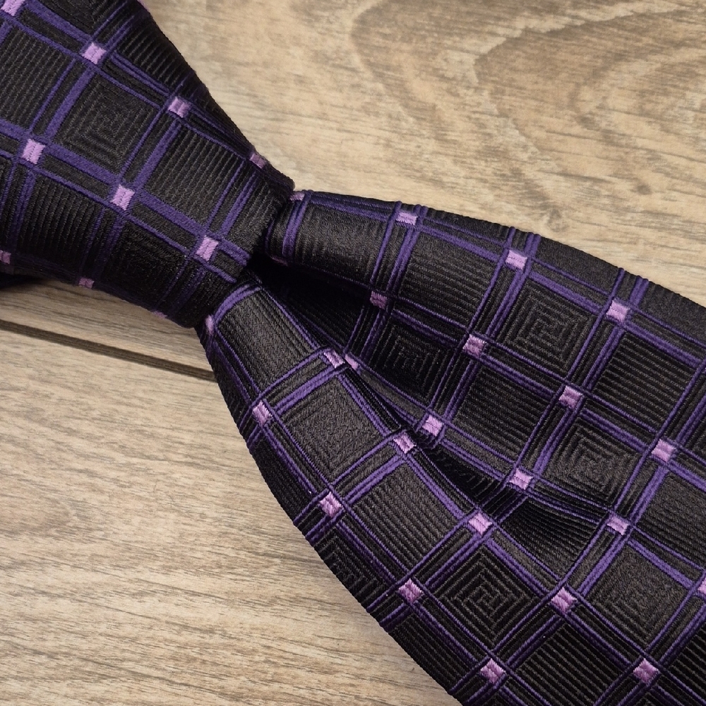 PAL ZILERI Italy Metallic Purple Black Square Pattern Mens Silk Tie